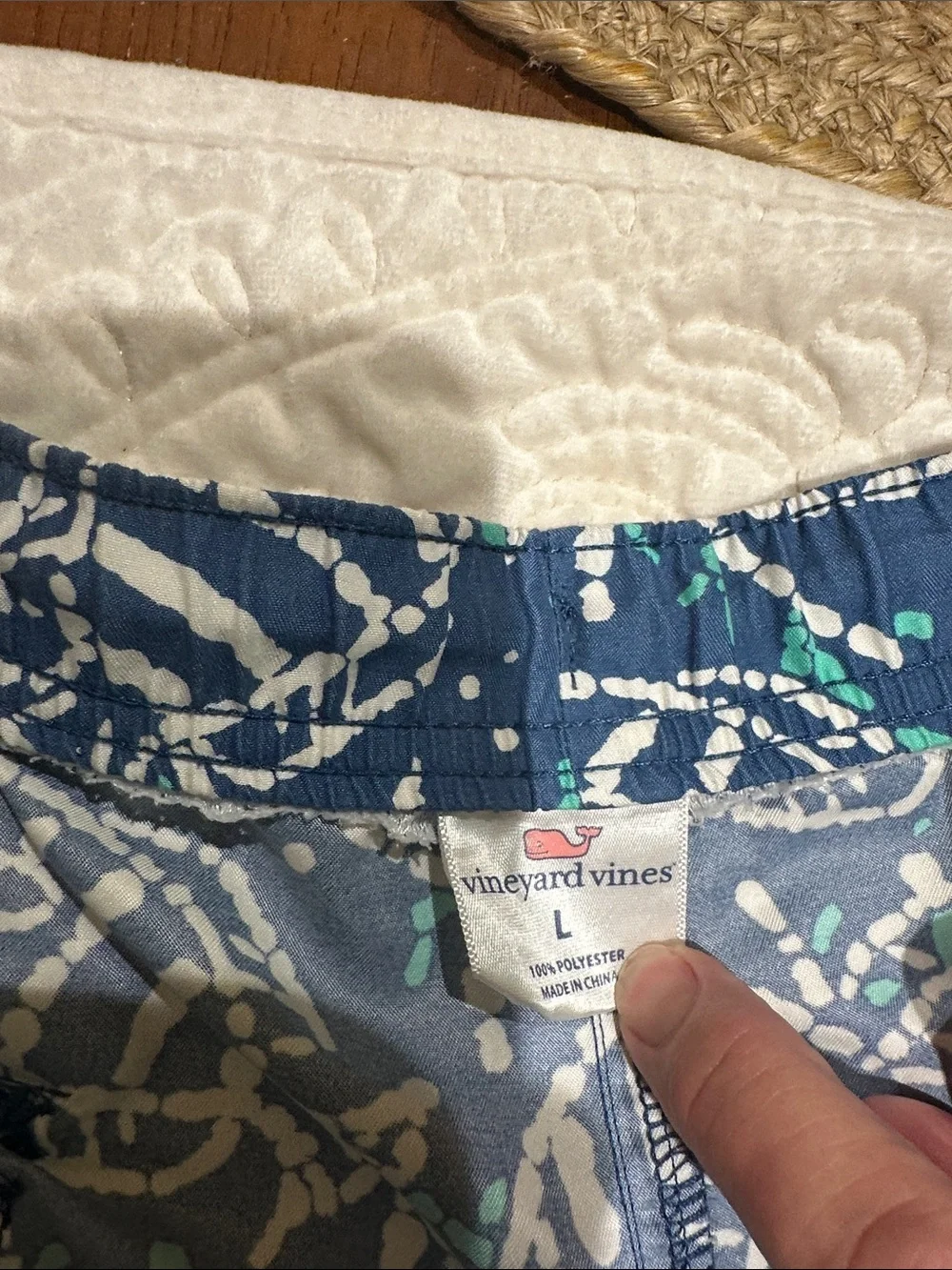 Vineyard Vines Navy Blue Fish-Print men’s swim trunks, sz L, 7 inch inseam, EUC